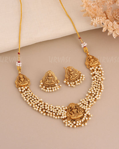 Gold-Toned Antique Lakshmi Pearl Ghungroo Necklace 1548