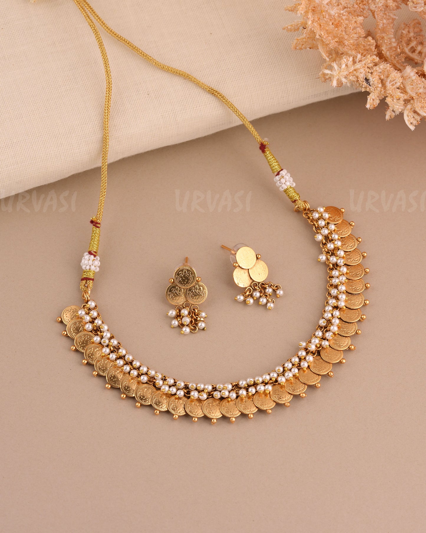 Gold-Toned Pearl Kaasu Lakshmi Necklace 1550