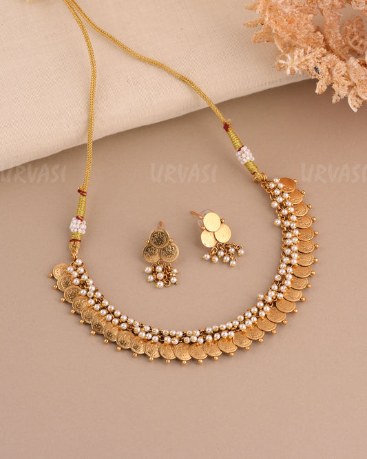 Gold-Toned Pearl Kaasu Lakshmi Necklace 1550