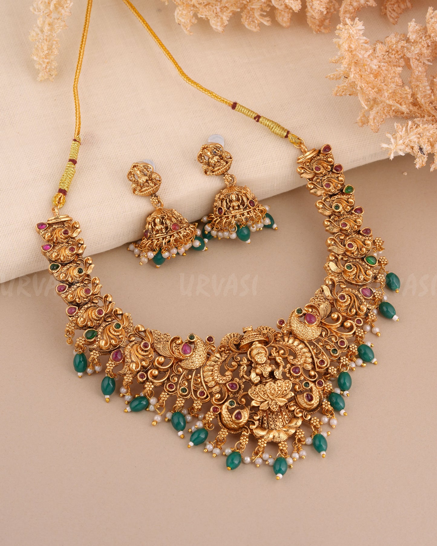 Gold-Toned Peacock Motif Lakshmi Necklace 1553