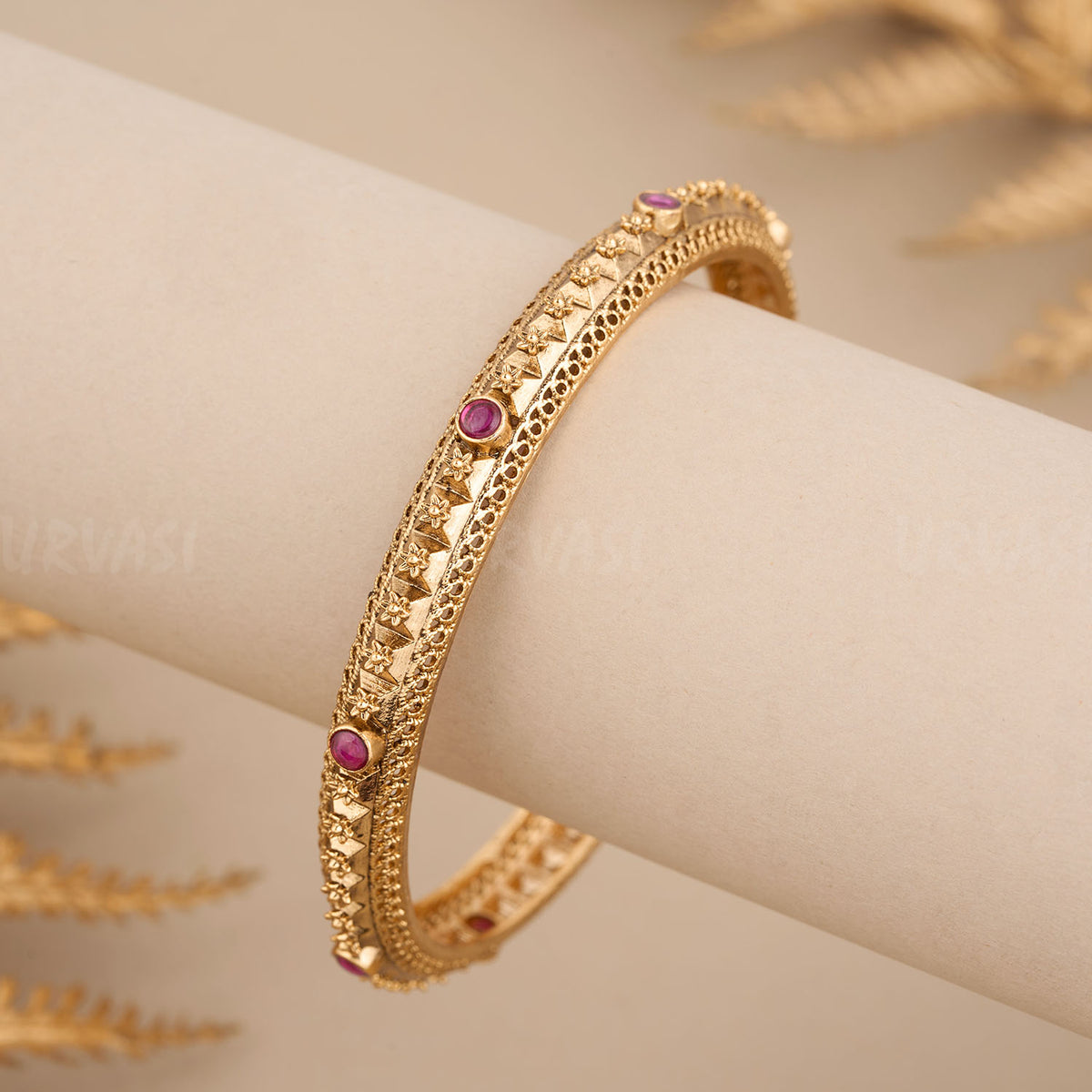 Foral Design Ruby Gold-Toned Foral Ruby Green Bangles BA 108 – URVASI LADIES NOVELTIES
