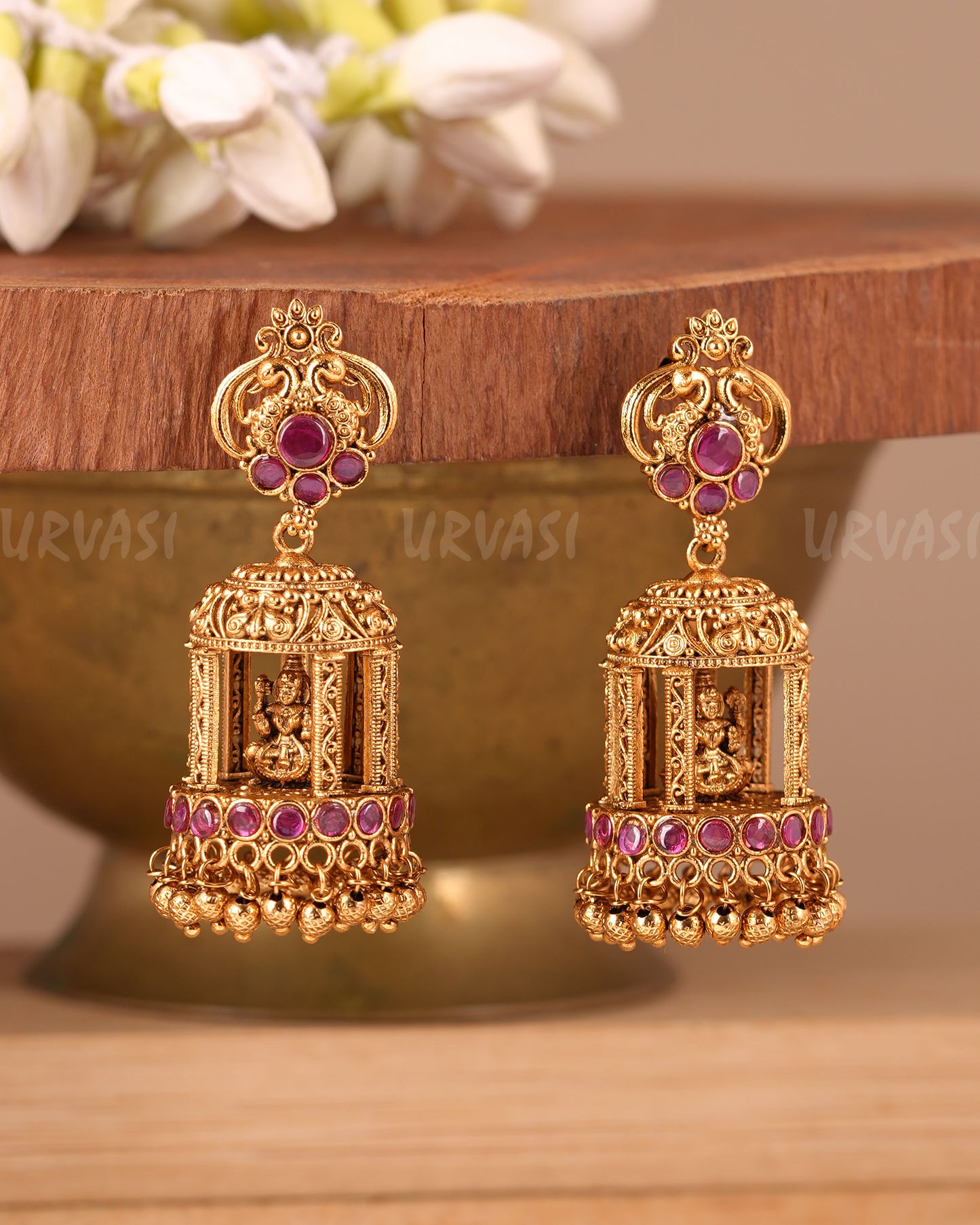 Gold-Polish Lakshmi Peacock Motif Earrings ER 117