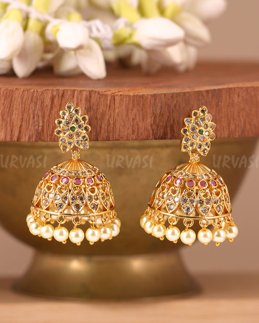 Gold-Toned Floral Pearl Jhumka Earrings  ER 246
