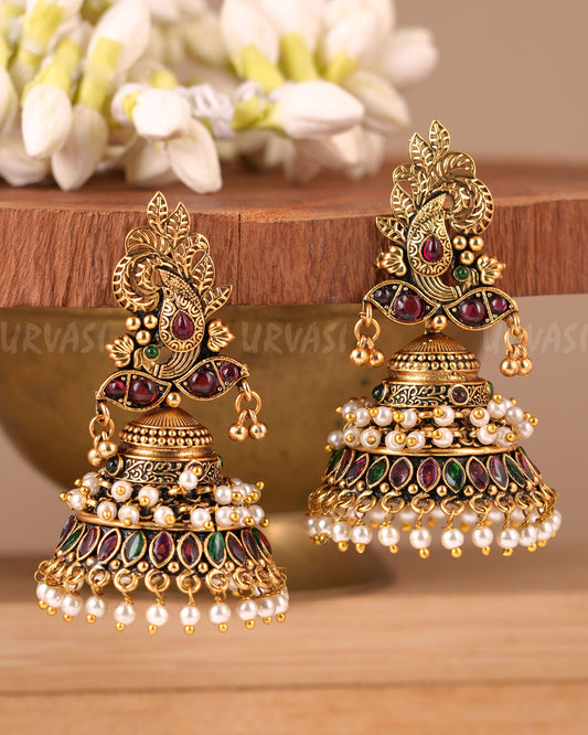 Gold-Toned Peacock Motif Pearl Jhumka Earrings ER 247