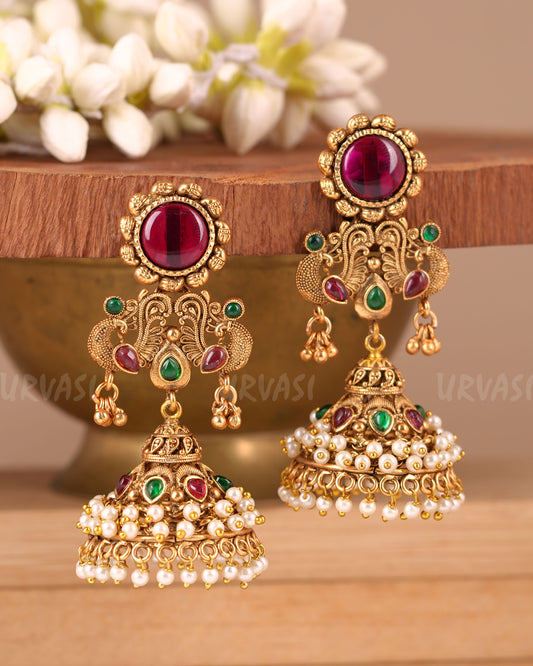 Gold-Toned Peacock Motif Jhumka Earrings ER 58