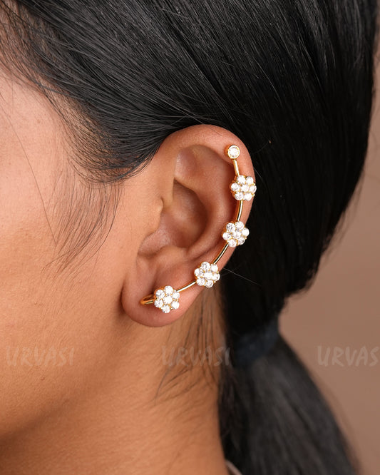 Gold-Polish Floral Stone-Studded AD Ear-Cuff Earrings ER 921
