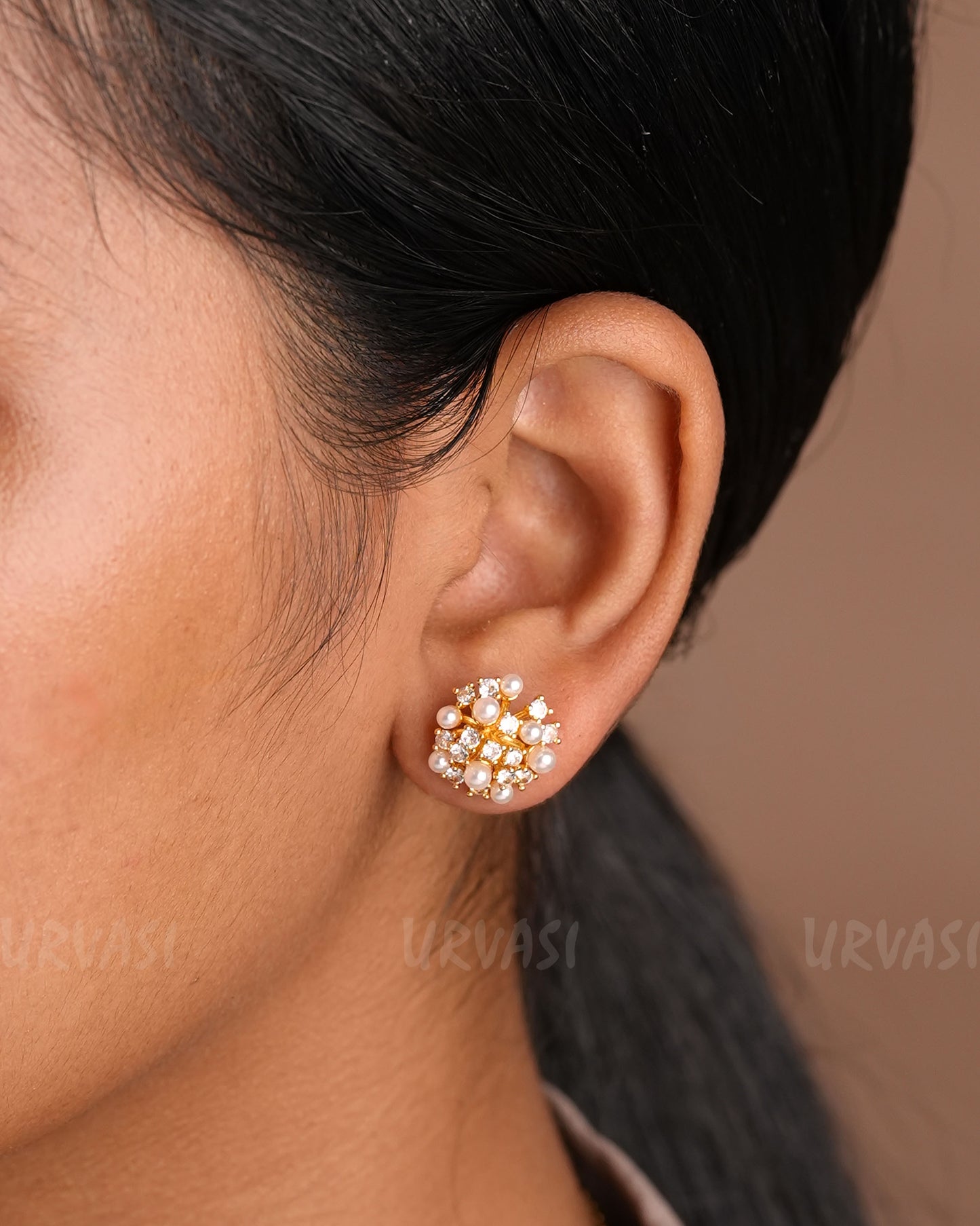 Gold-Toned Stone-Studded Pearl Earrings ER 904