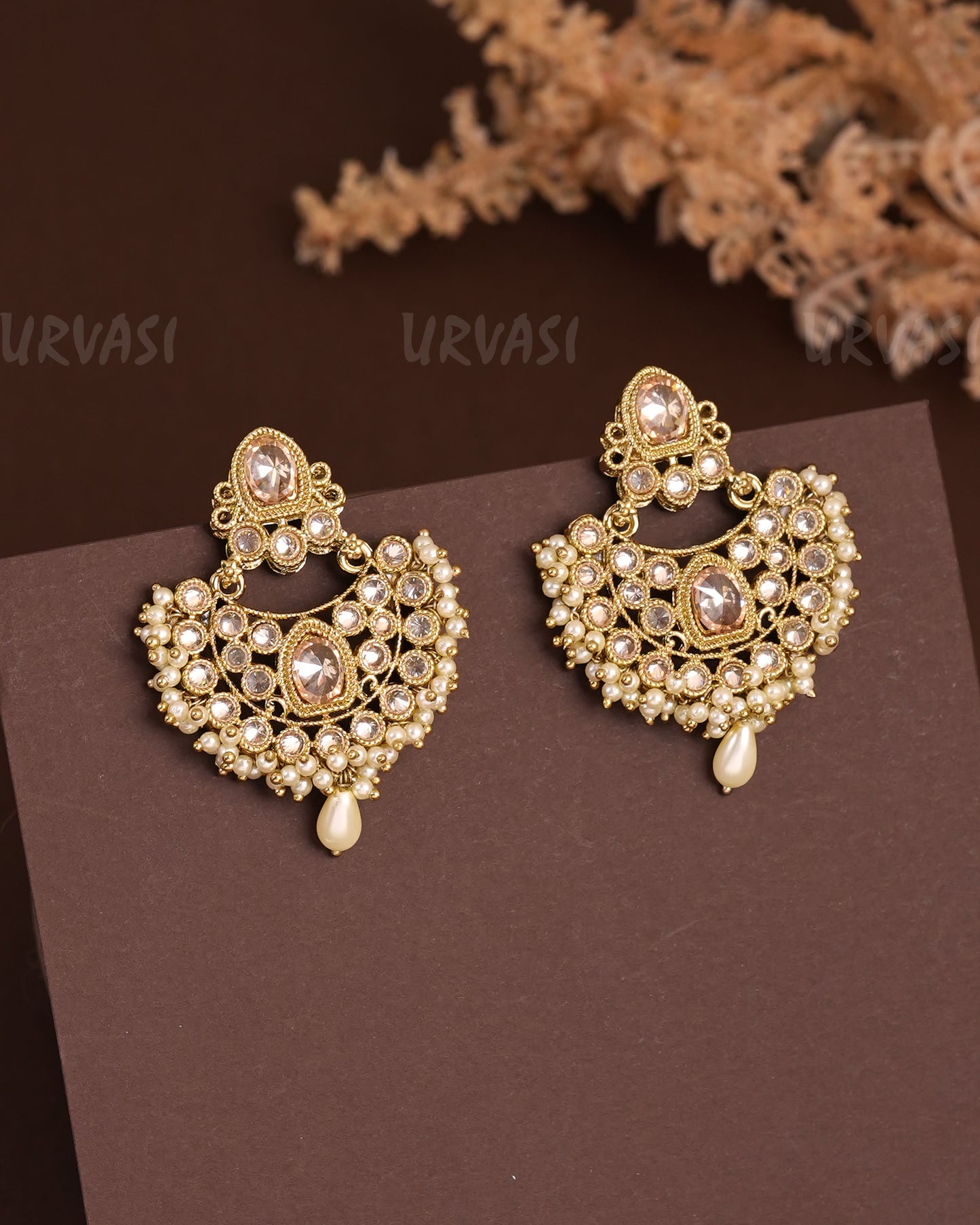 Mehendi Polish Chandbhali Pearl Ghungroo Reverse AD Earrings ER 929