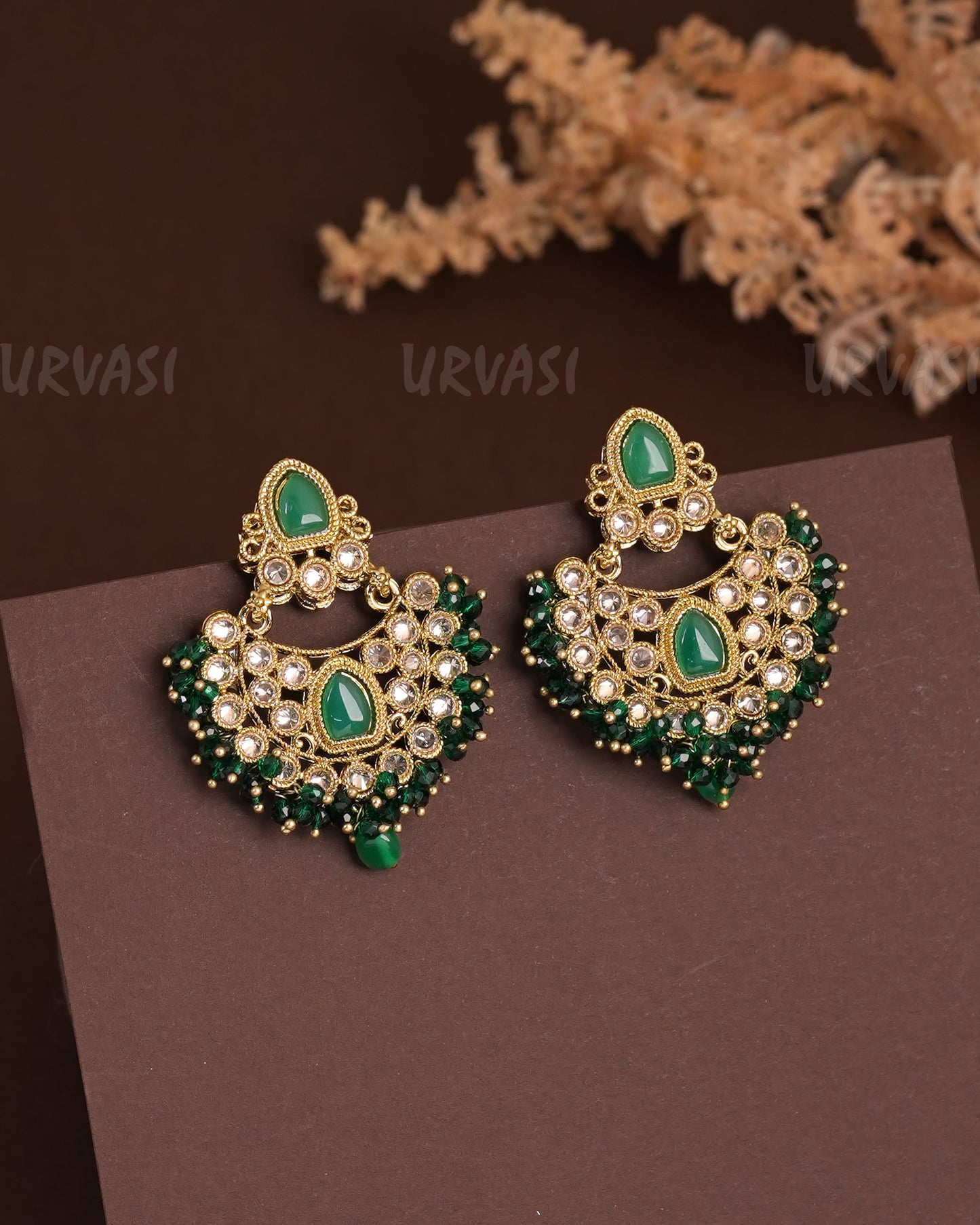 Mehendi Polish Chandbhali Pearl Ghungroo Reverse AD Earrings ER 929