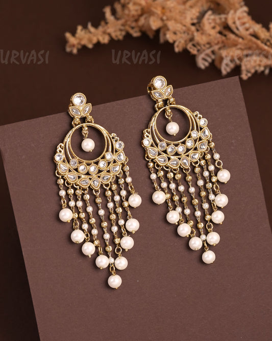 Mehendi Polish Chandbali Designed Reverse AD Pearl Hanging Earrings ER 943