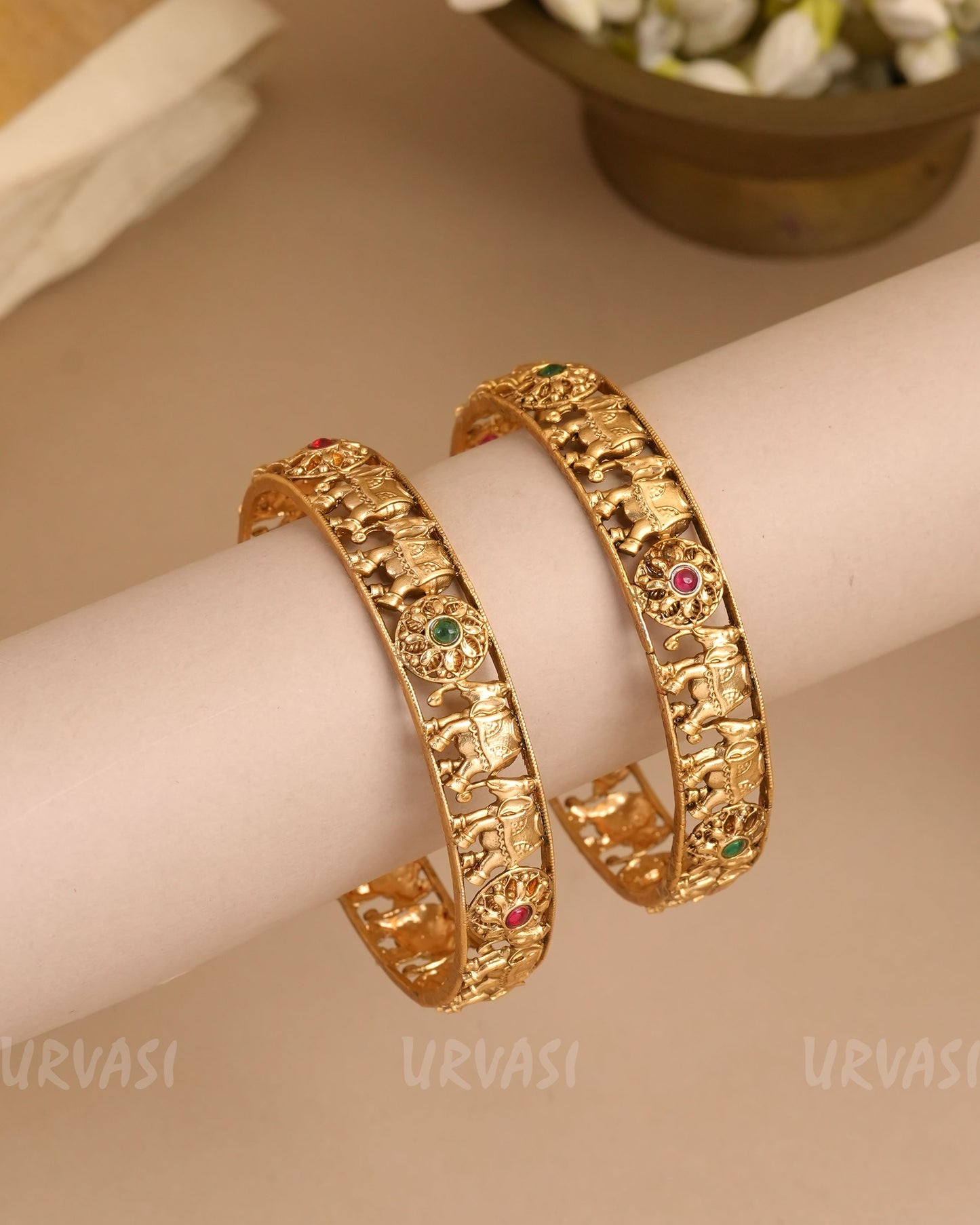 Gold-Polish Elephant Motif Floral Bangles (Set of 2)BA 449