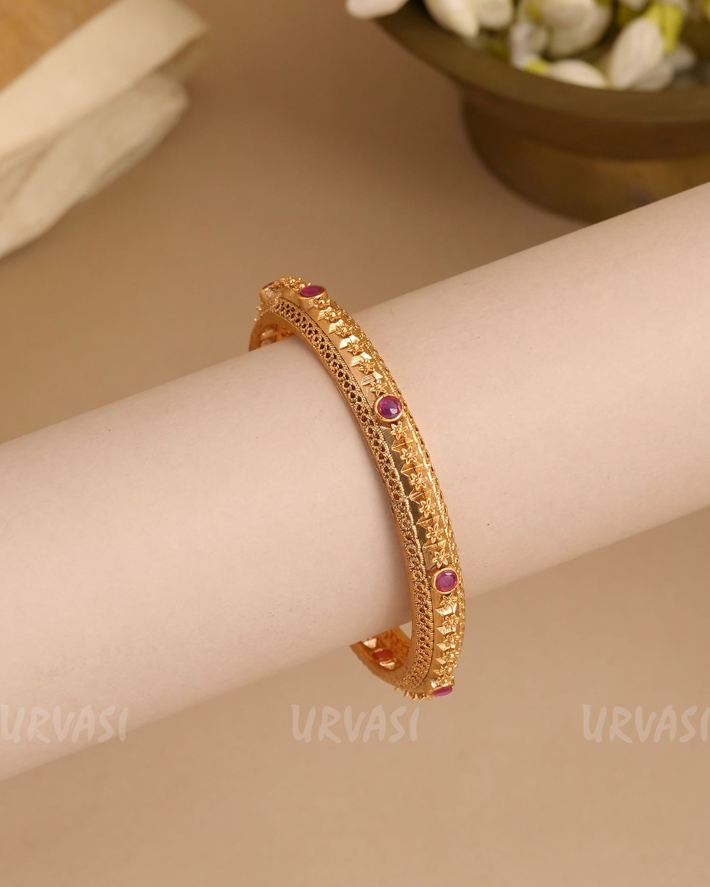 Gold-Toned Floral Stone-Studded Bangles BA 454