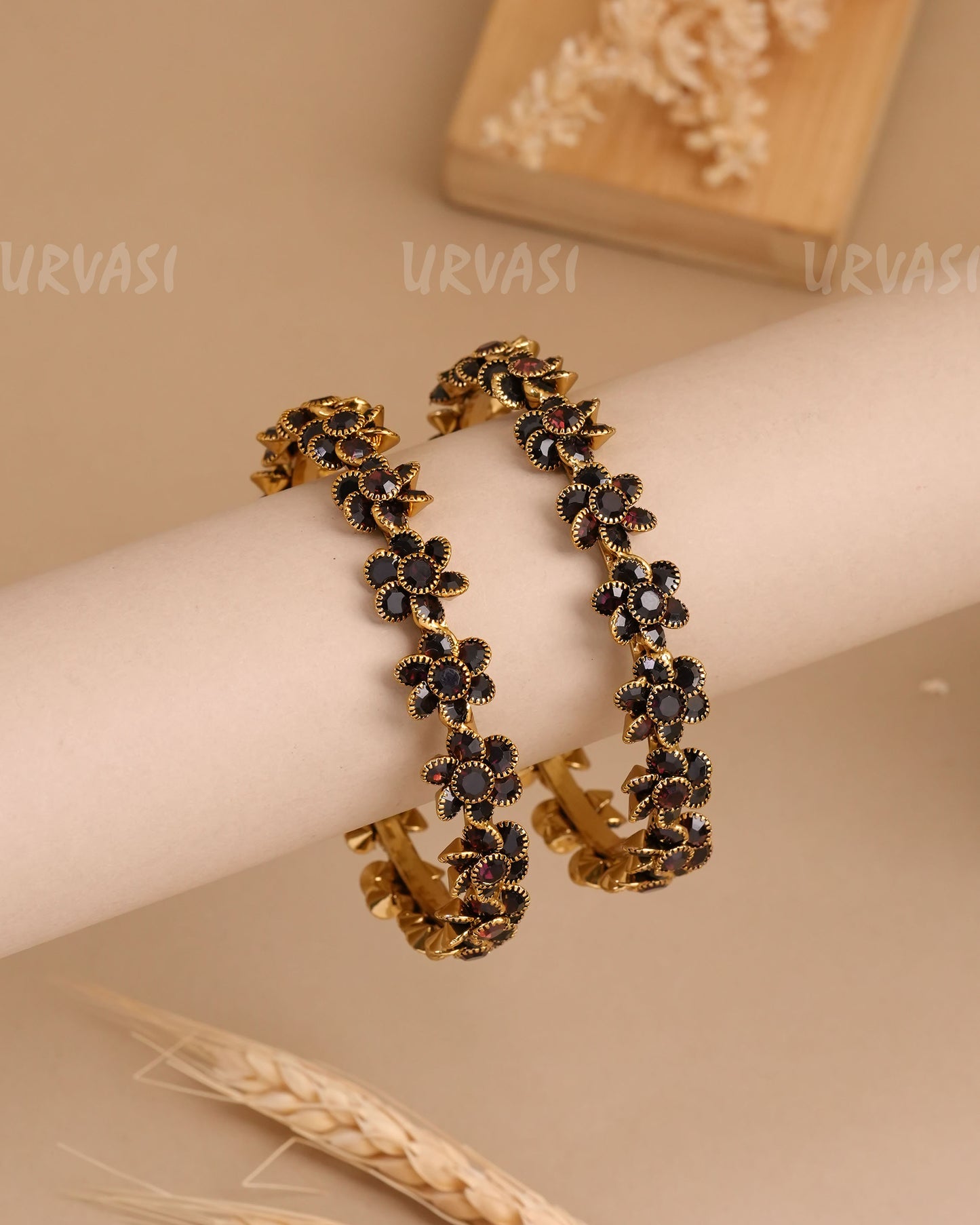 Mehendi Polish Floral Stone-Studded Bangles (Set of two)BA 445