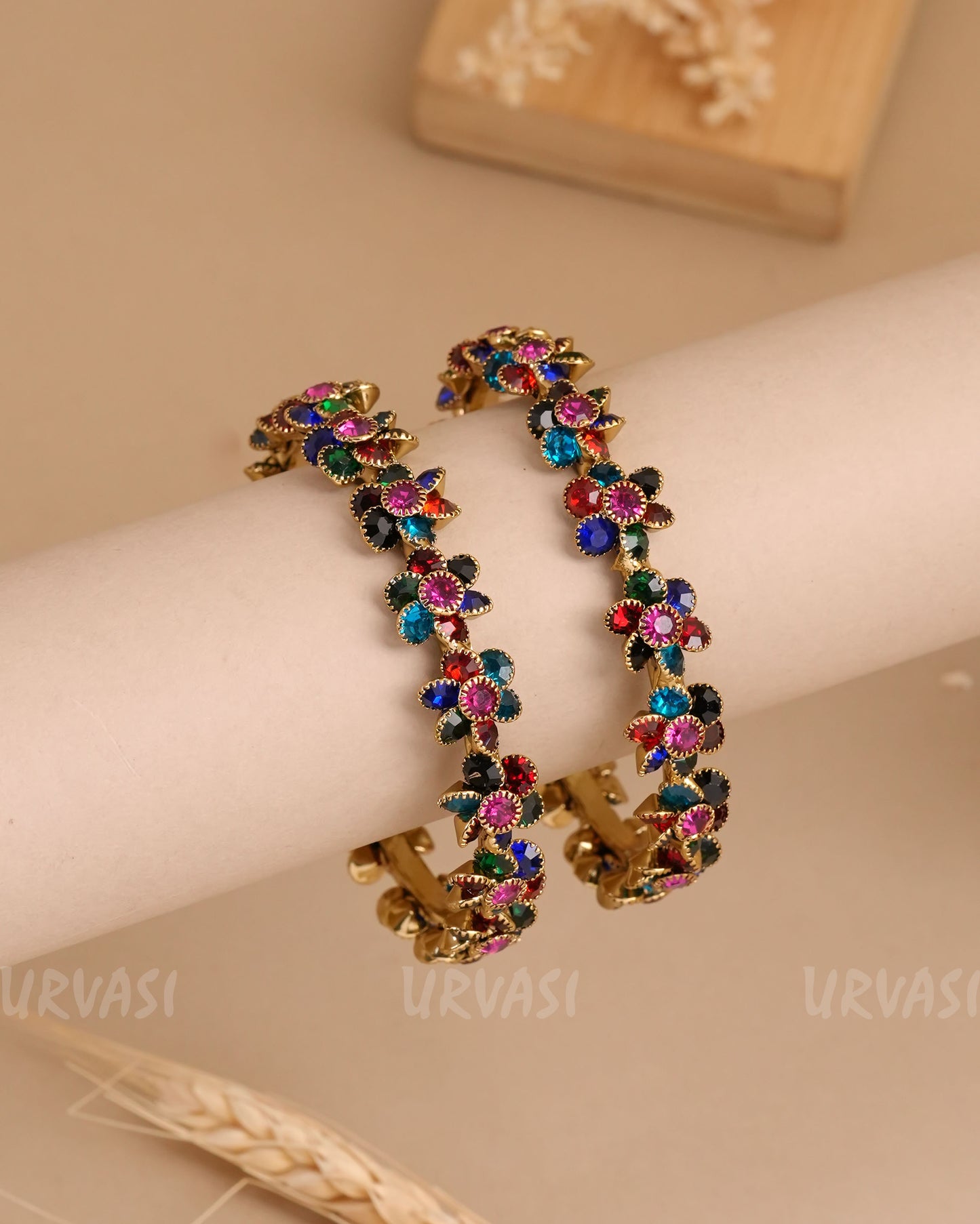 Mehendi Polish Floral Stone-Studded Bangles (Set of two)BA 445