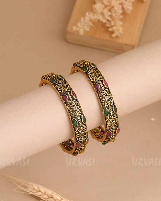 Oxidised Gold Stone-Studded Floral Bangles(Set of 2)BA 435