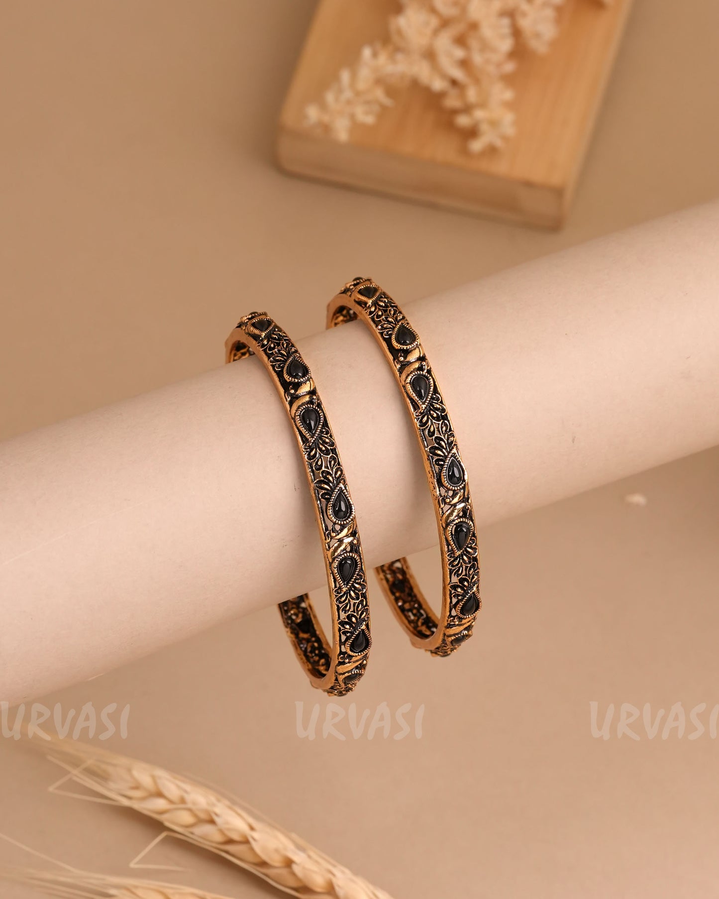Oxidised Gold Tear-Drop Floral Bangles BA 431