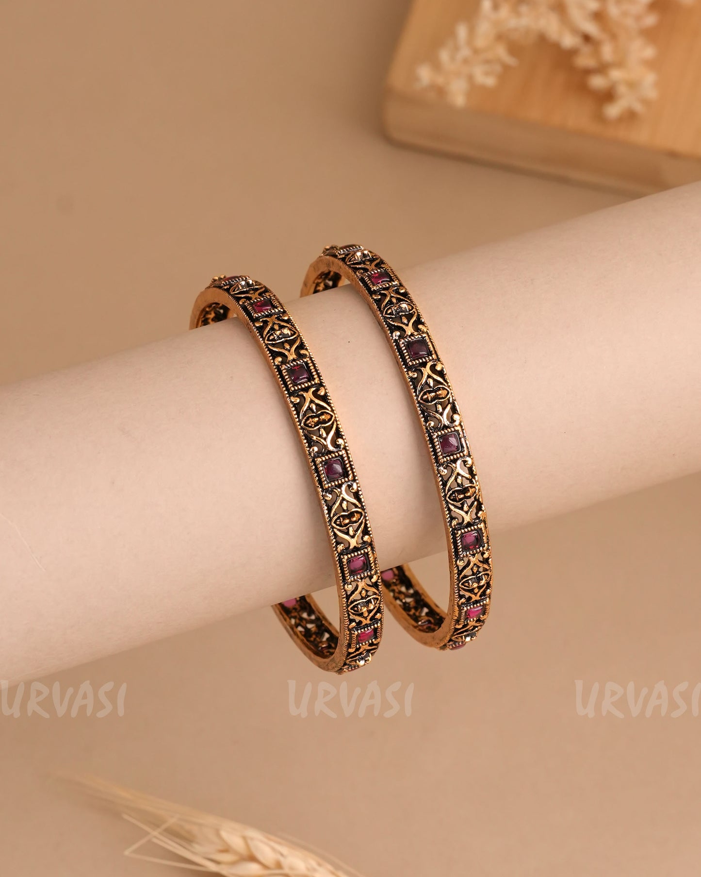 Oxidised Gold Floral Stone-Studded Bangles (Set of 2)BA 432