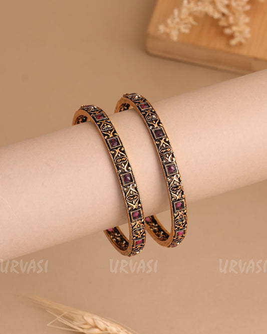 Oxidised Gold Floral Stone-Studded Bangles (Set of 2)BA 432