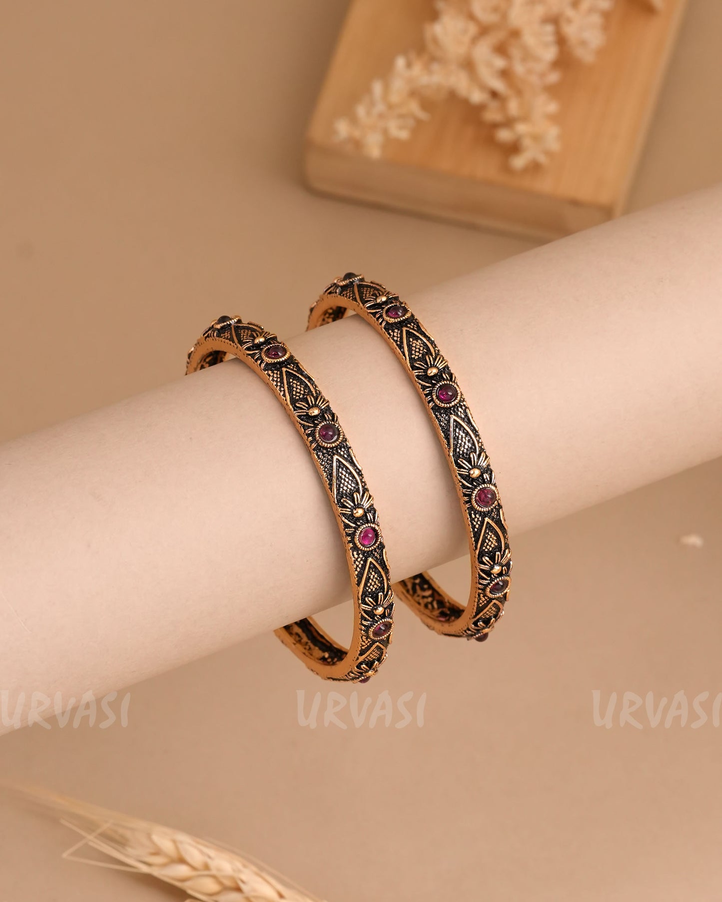 Oxidised Gold Floral Stone-Studded Bangles(Set of 2) BA 440