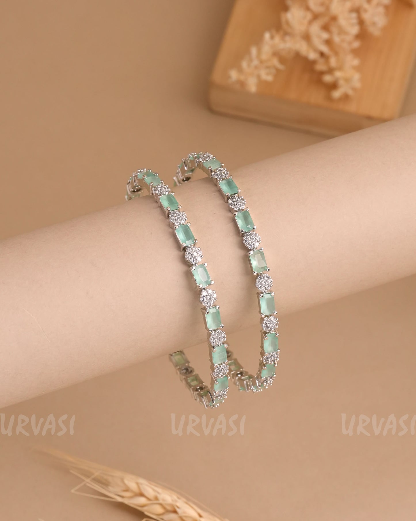 Rhodium Polish Floral Stone -Studded AD Bangles(Set of Two) BA 414