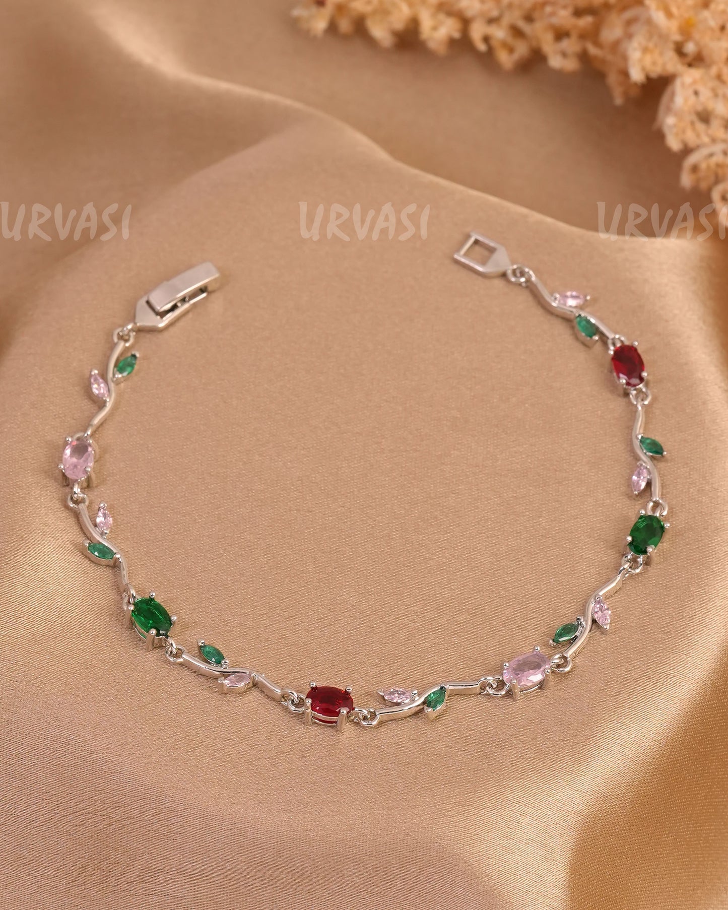 Rhodium Polish Trendy Tulips Leaf Designed AD Bracelets BR 147