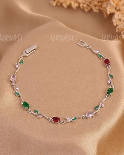 Rhodium Polish Trendy Tulips Leaf Designed AD Bracelets BR 147