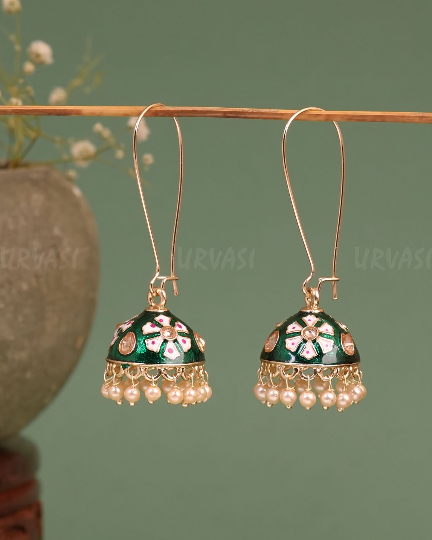 Gold-Toned Meenakari Hanging Jhumka Earrings ER 664