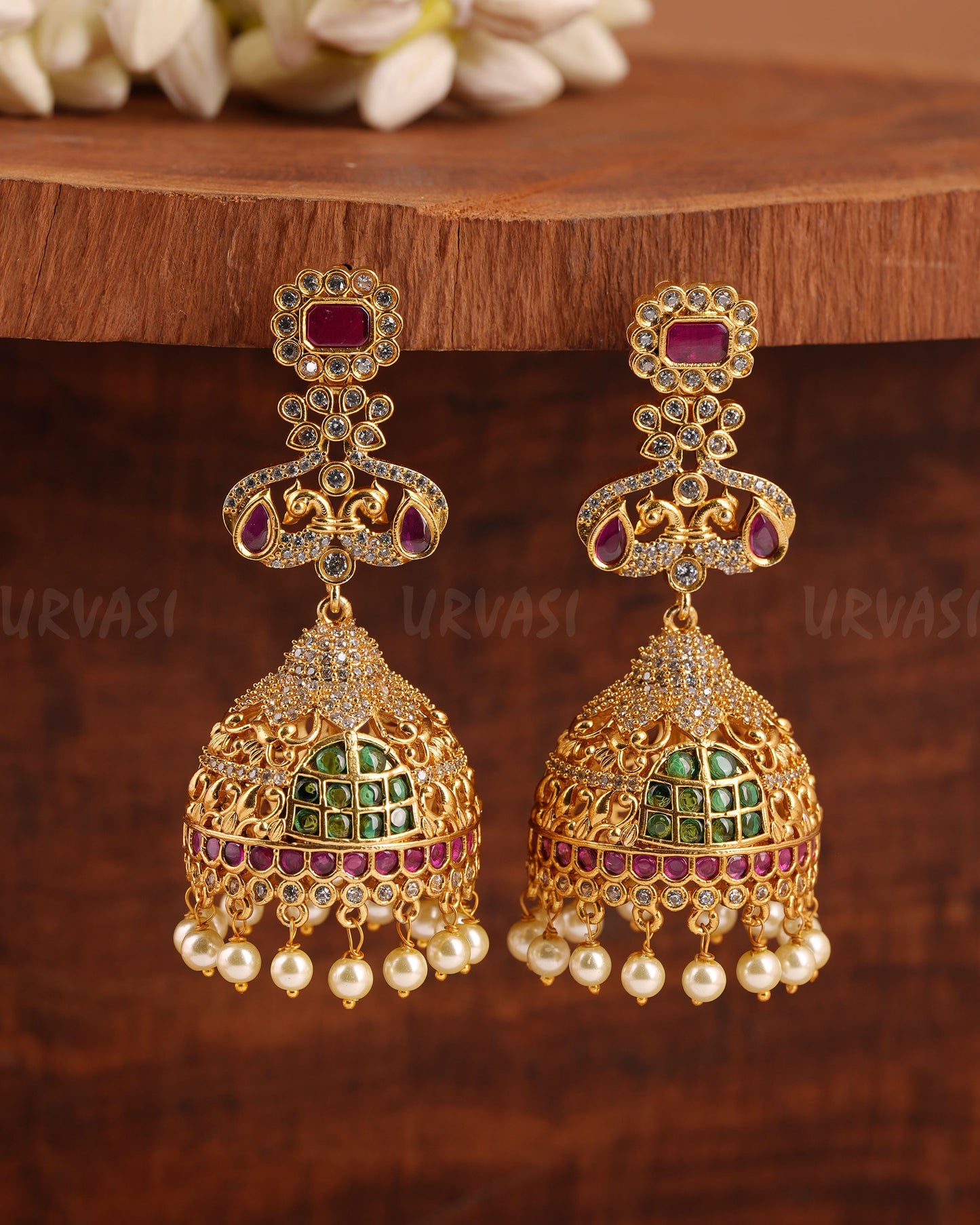 Yellow Gold-Polish Peacock-Motif  Pearl Jhumka Earrings ER 642