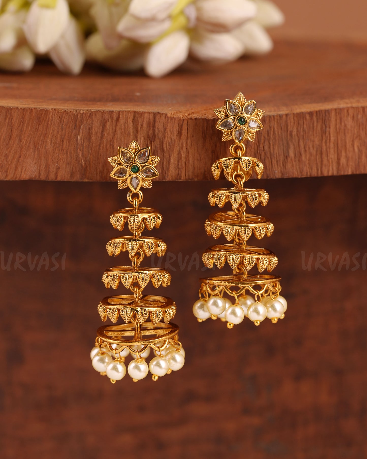 Yellow Gold-Polish Floral Tower Earrings ER 355