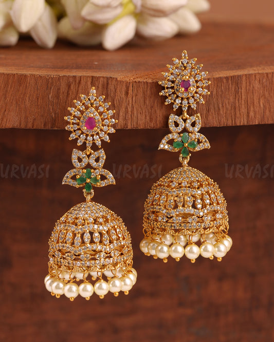 Yellow Gold-Polish Floral AD Jhumka Earrings ER 358