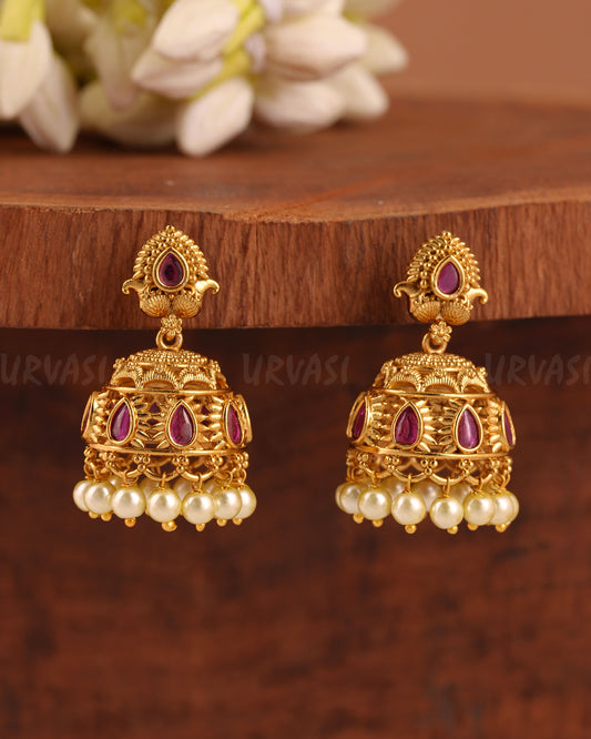 Yellow  Gold Polish Non-Idol Pearl Jhumka Earrings ER 643