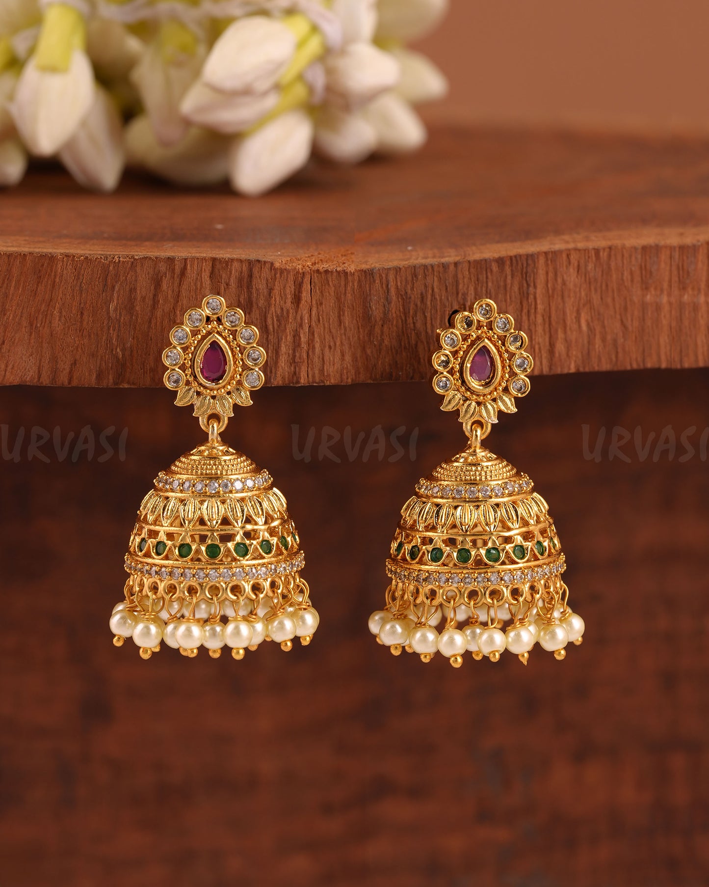 Yellow Gold-Polish Floral Jhumka Earrings ER 204