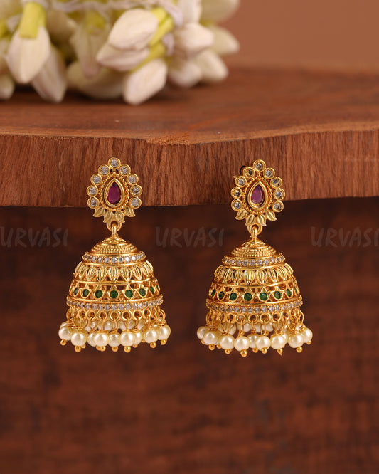 Yellow Gold-Polish Floral Jhumka Earrings ER 204
