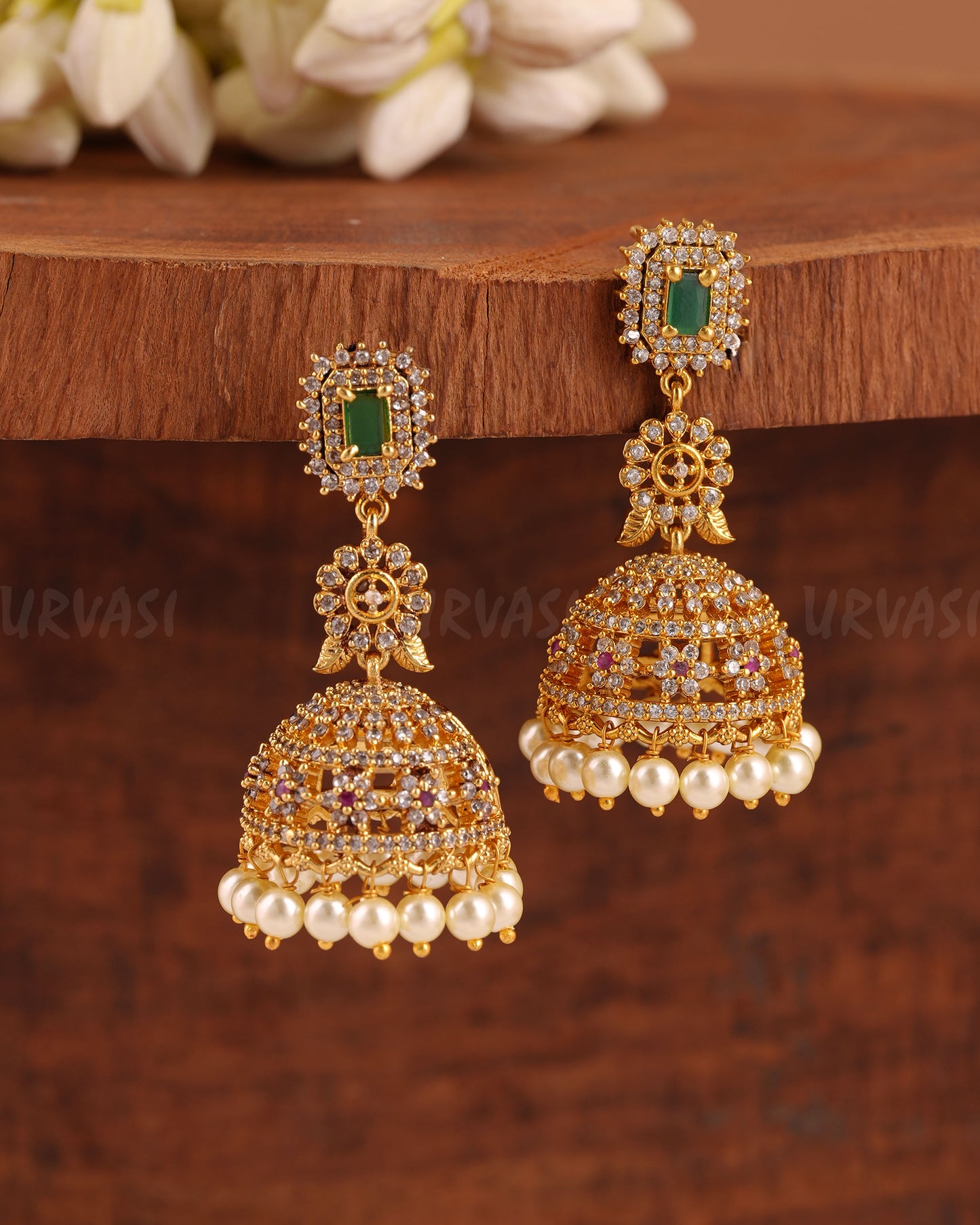 Gold-Toned Floral Replica AD Jhumka Earrings ER 206