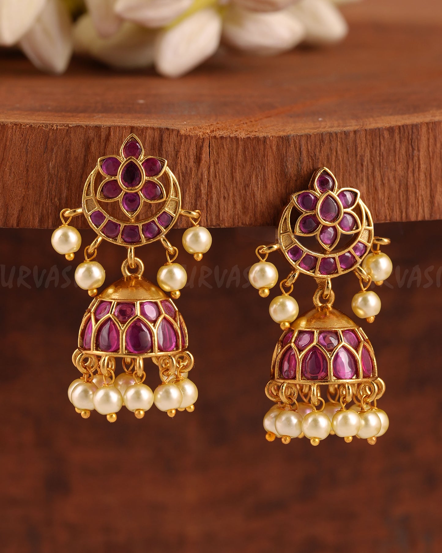Gold-Polish Floral Chandbhali Jhumka Earrings ER 211