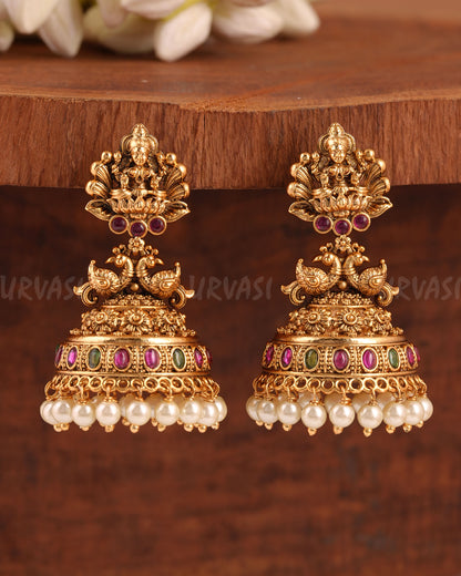 Gold-Toned Lakshmi Peacock Motif Jhumka Earrings ER 216