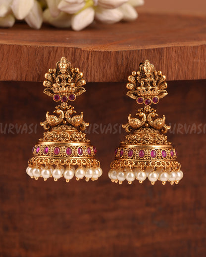 Gold-Toned Lakshmi Peacock Motif Jhumka Earrings ER 216