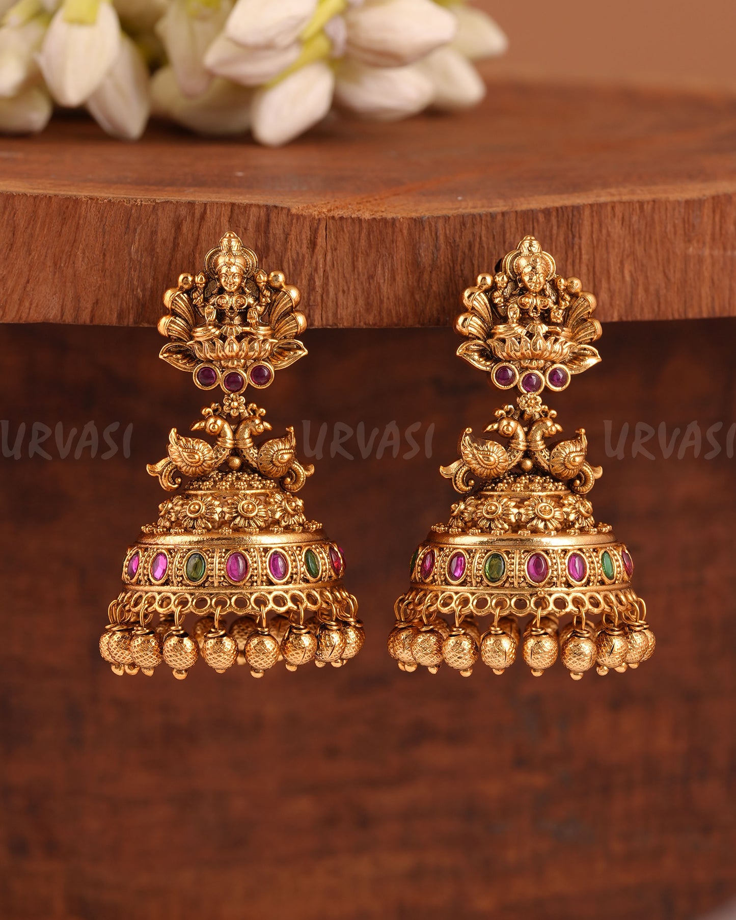 Gold-Toned Lakshmi Peacock Motif Jhumka Earrings ER 216