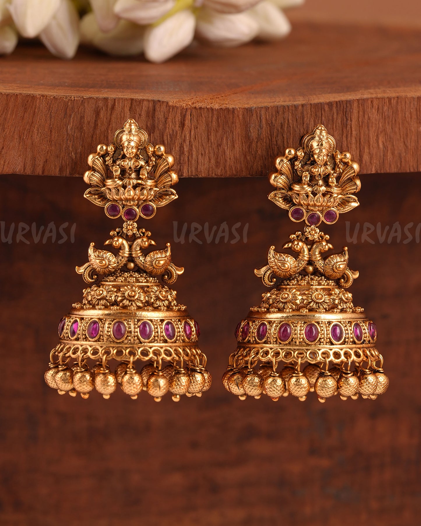 Gold-Toned Lakshmi Peacock Motif Jhumka Earrings ER 216