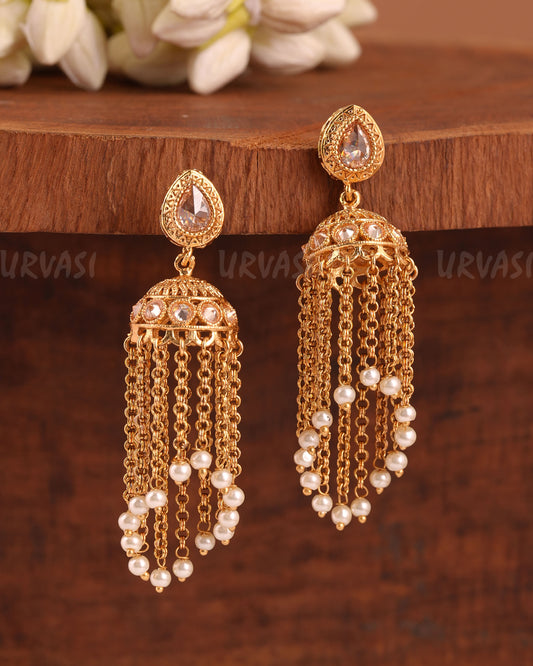 Gold-Toned Tear-Drop Chain Tassels Jhumka Earrings ER 949