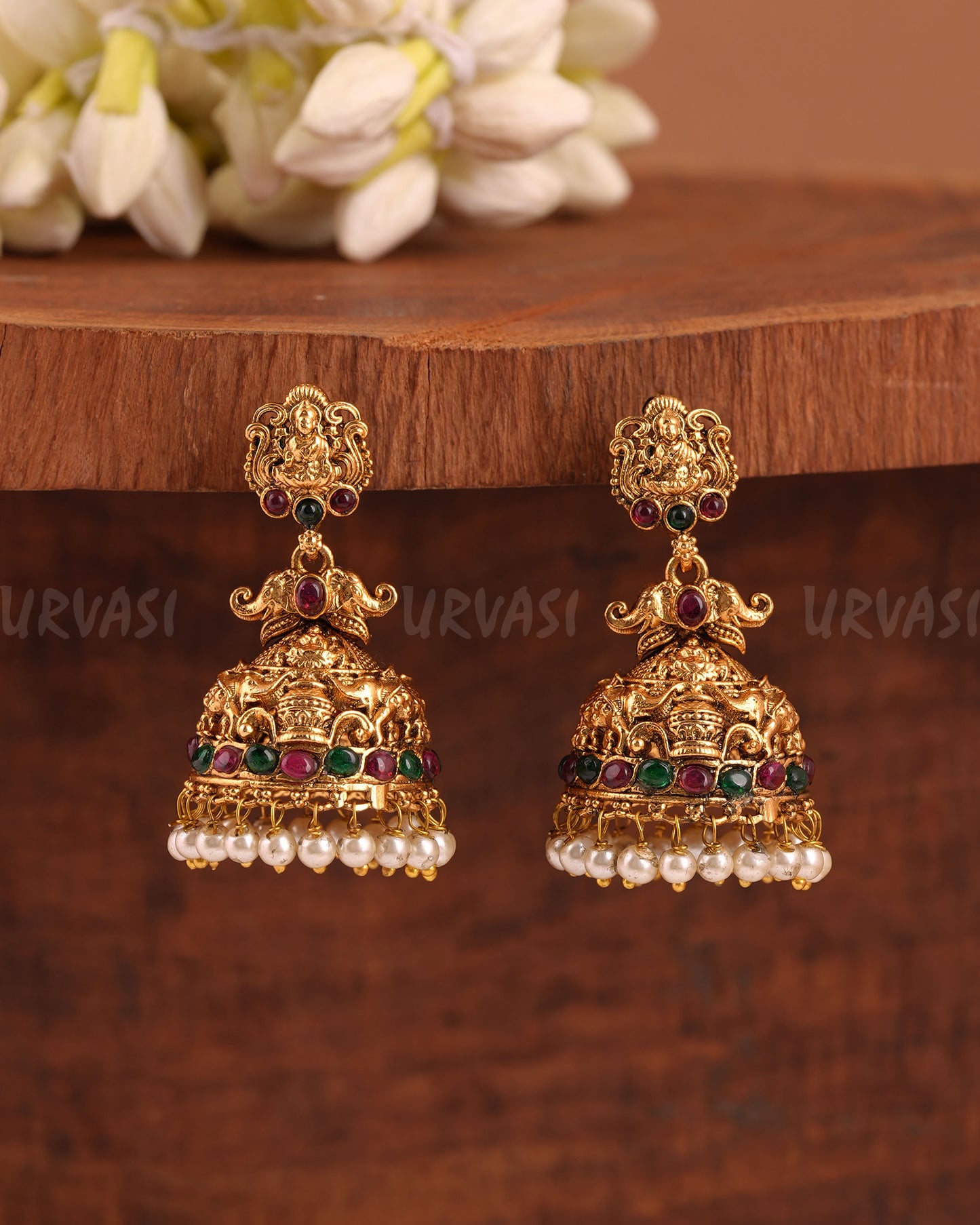 Gold-Toned Elephant Lakshmi Pearl Jhumka Earrings ER 951