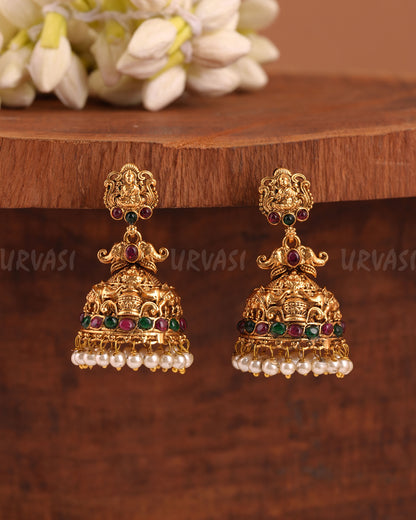 Gold-Toned Elephant Lakshmi Pearl Jhumka Earrings ER 951