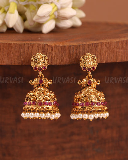 Gold-Toned Elephant Lakshmi Pearl Jhumka Earrings ER 951