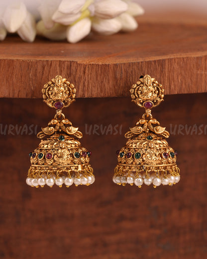 Gold-Toned Lakshmi Peacock Pearl Jhumka Earrings ER 952