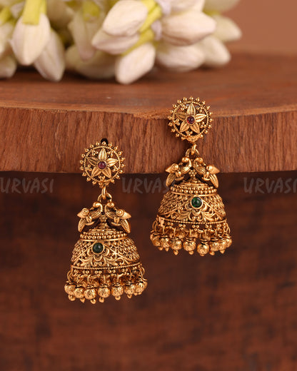 Gold-Toned Floral Stone-Studded Jhumka Earrings ER 996