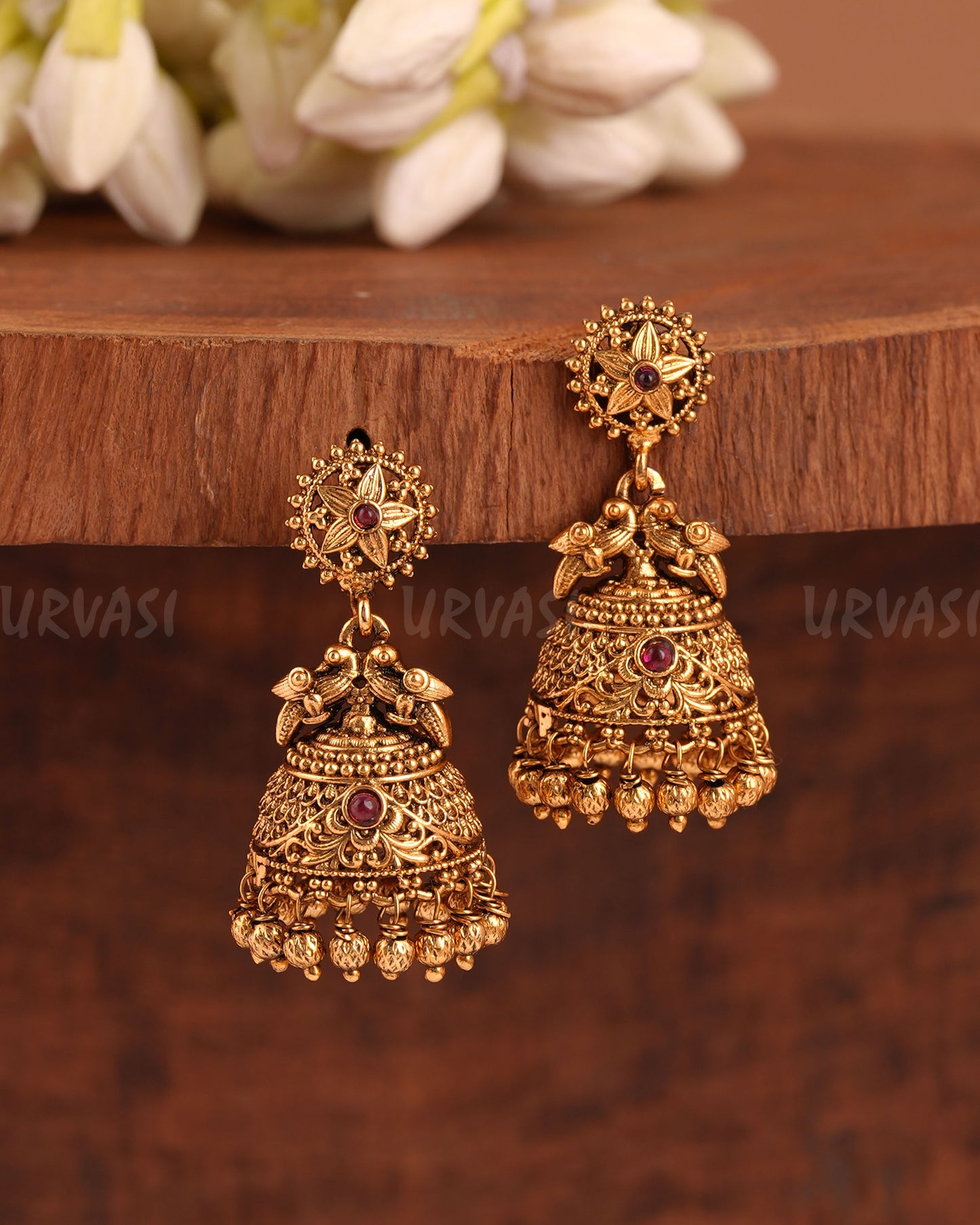 Gold-Toned Floral Stone-Studded Jhumka Earrings ER 996