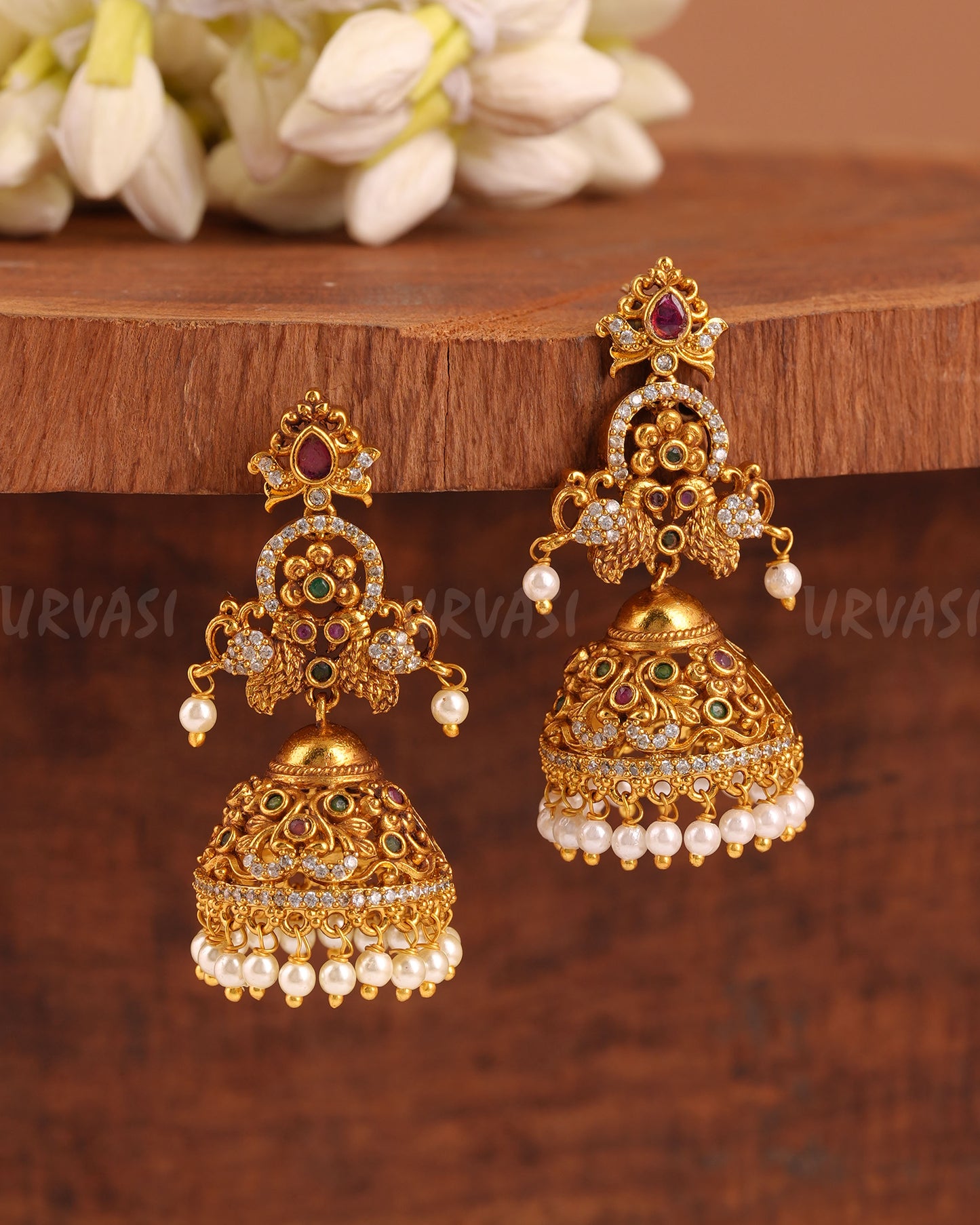 Gold-Toned Peacock AD Pearl Hanging Earrings ER 991
