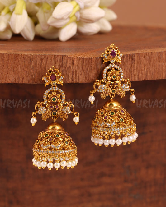 Gold-Toned Peacock AD Pearl Hanging Earrings ER 991
