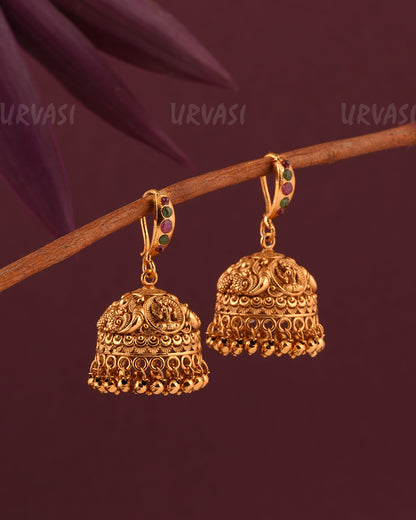 Gold-Toned Floral Lakshmi Hanging Jhumka Earrings ER 957