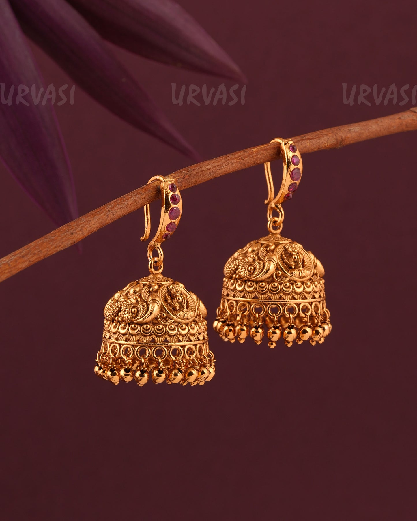 Gold-Toned Floral Lakshmi Hanging Jhumka Earrings ER 957